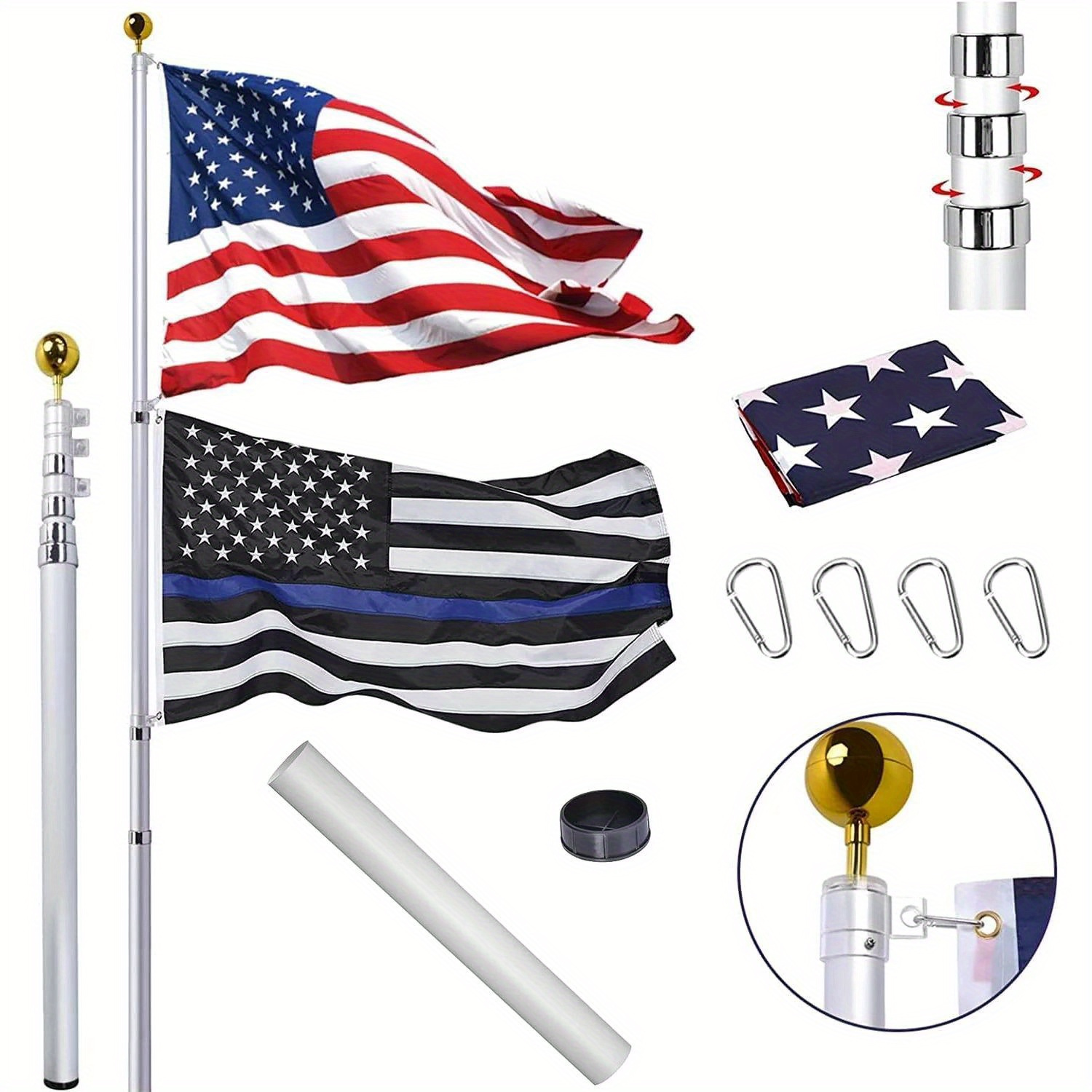 

1pc Aluminum Telescoping Flagpole Set With Gold Ball Finial & 3x5ft American Flag, Outdoor Heavy-duty Thick Tube Flag Pole Kit, Wind Resistant Up To 40mph