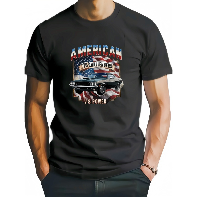 

Men's Retro American Car Graphic Tee - Casual Short Sleeve T-shirt, Breathable Polyester, Machine Washable - Summer