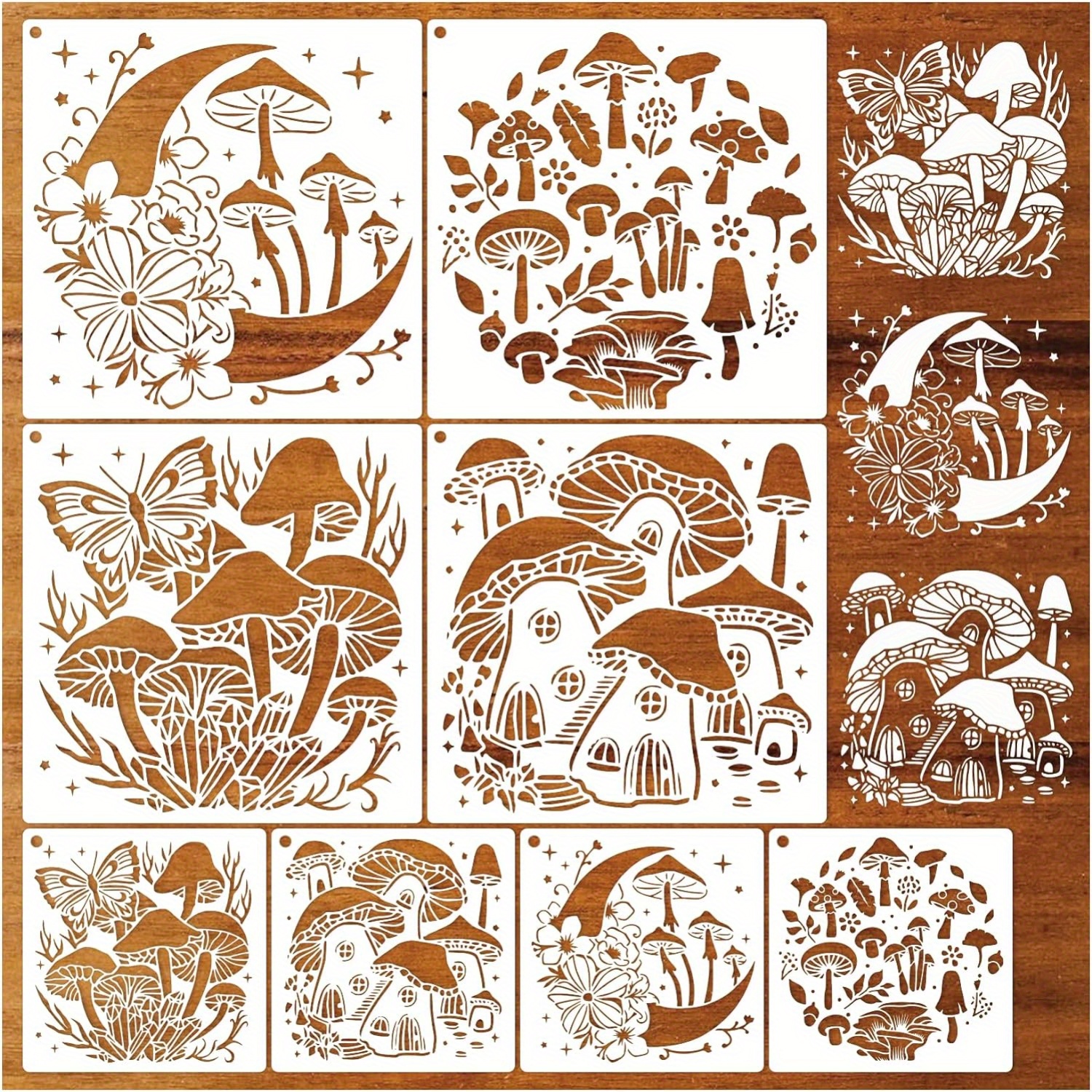 

Reusable Wood Burning Drawing Art Paint Stencils: For Wall, Cake, Cookie, Canvas, Furniture, Paper (8 Mushroom Stencils)