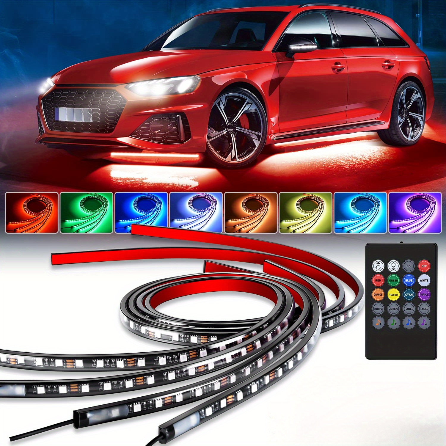 

4-piece Led Underbody Car Light Kit - 12v Rgb Neon Strips, Remote Control Compatible, Multi-color Ambient Lights For Vehicles
