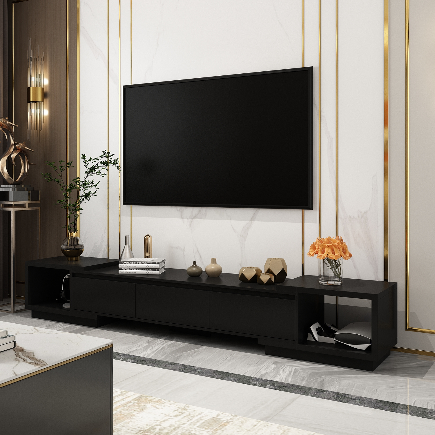 

Modern Table With 3 Drawers & Open Shelves, Media Gaming Center Tv Stand For Living Room