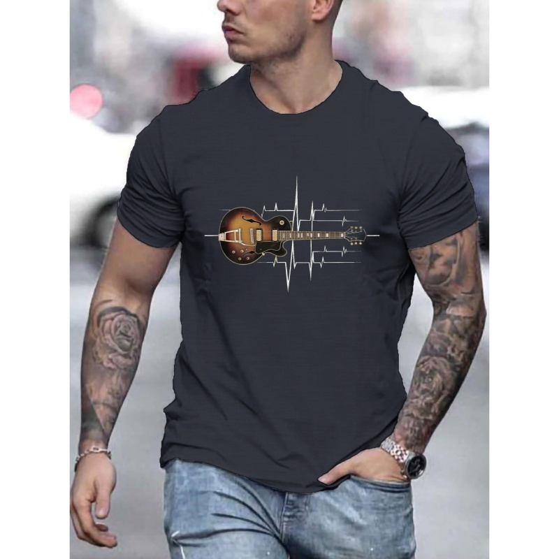 

Vintage Electric Guitar Print Short Sleeve Casual T-shirt For Men, Crew Neck Soft Versatile Summer Daily Wear