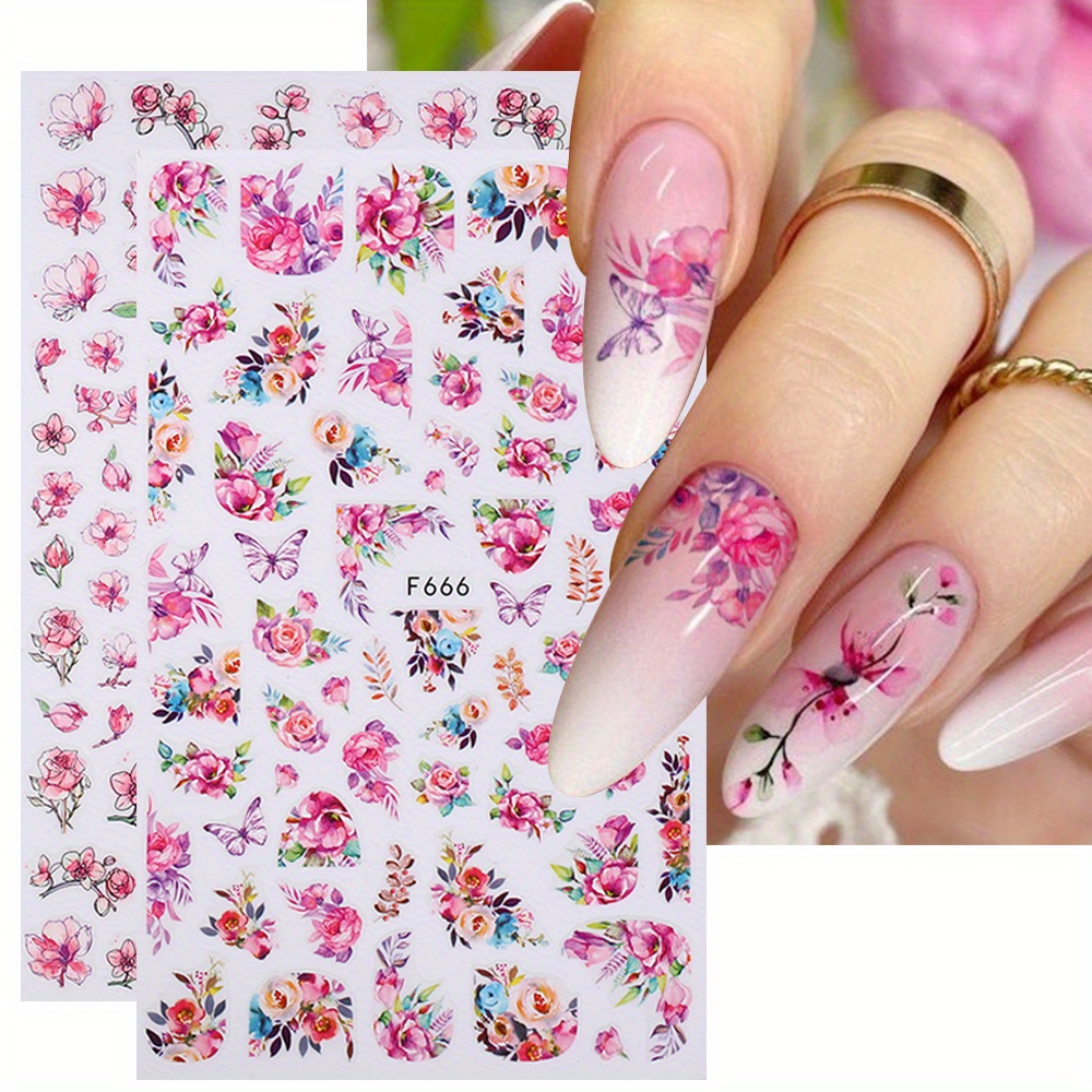 

Summer Pink Floral Butterfly Nail Stickers - 2 Sheets, Cartoon Design, Self-adhesive, Reusable, Plastic Surface, Glitter Accents