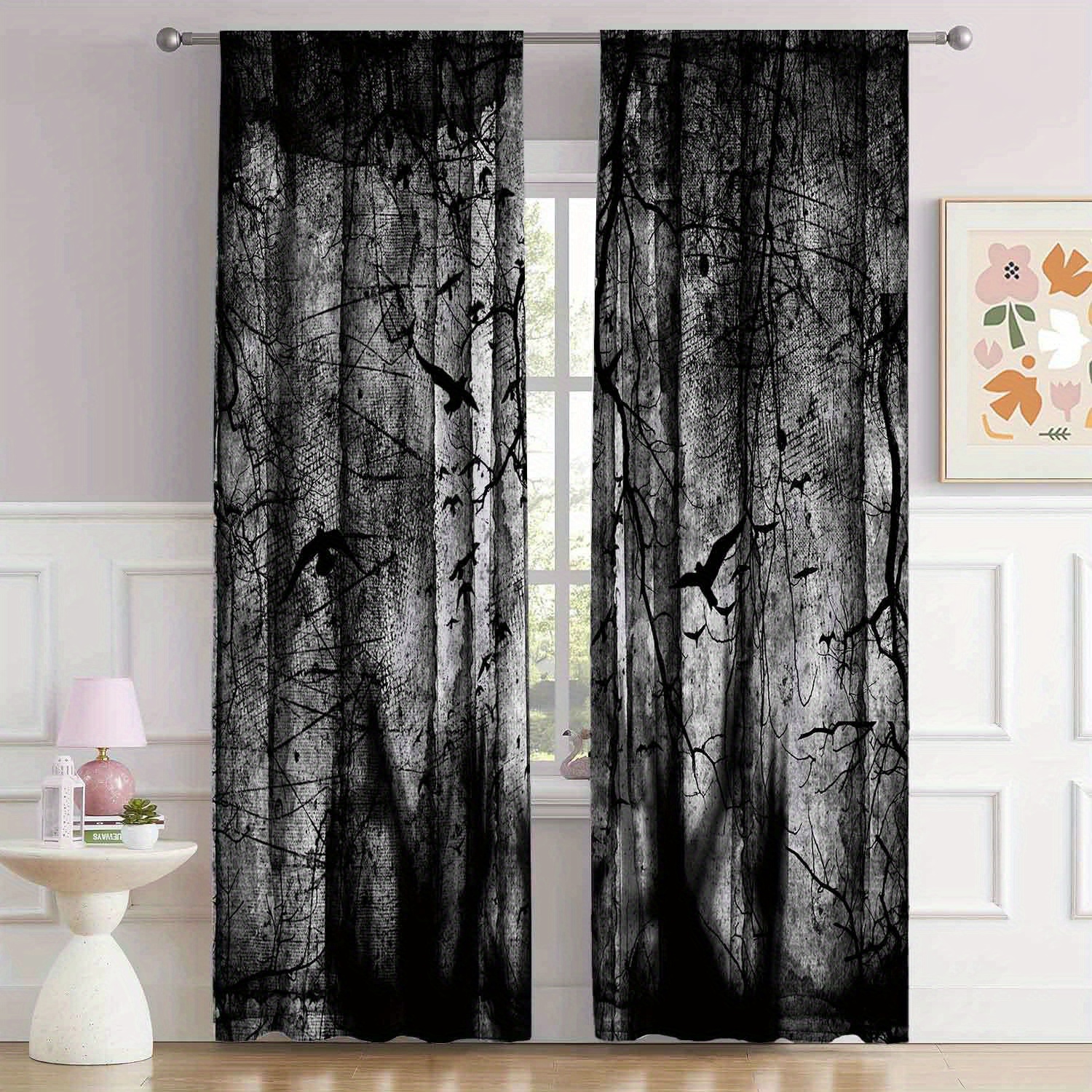 

Boho-chic Gothic Forest Blackout Curtains - Easy Care, Durable Polyester With Tieback For Living Room & Bedroom Decor