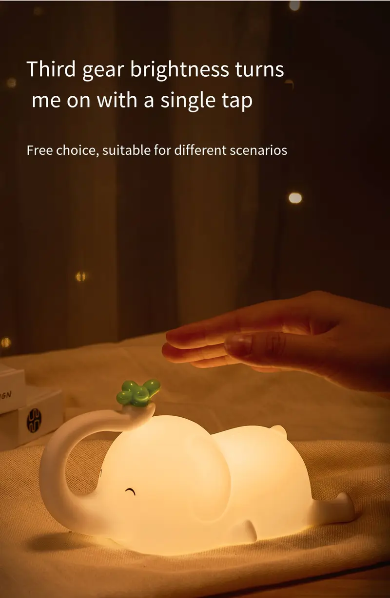 1pc usb rechargeable elephant shaped led night light silicone pat lamp for sleep portable induction bedside stand indoor use electronic components lithium battery usb charging 36v Product details 0
