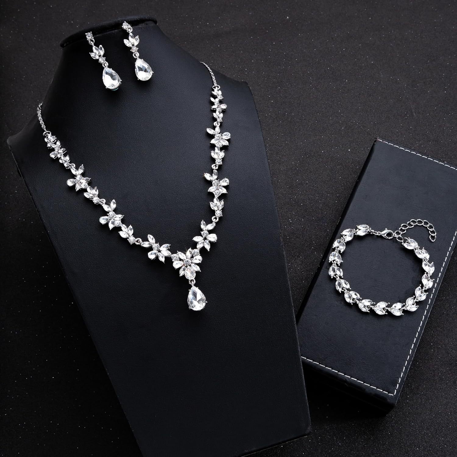 wedding bridal bridesmaid austrian crystal rhinestone jewelry sets statement choker necklace earrings bracelets sets for wedding party prom details 0