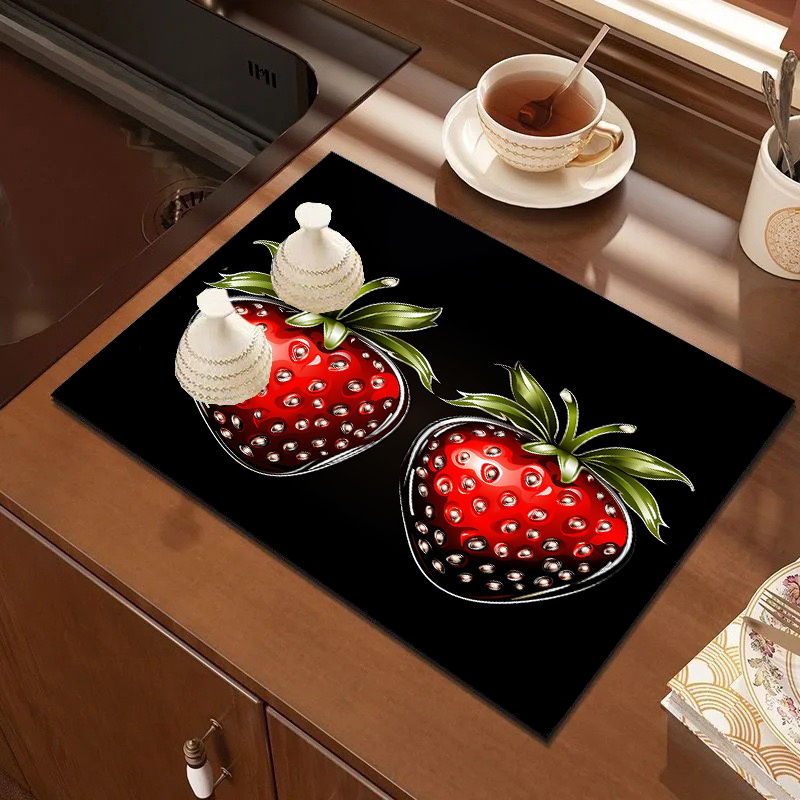 

1pc, Strawberry Pattern Dish Drying Mat, Classic Themed Decorative Kitchen Countertop Quick Dry Pad, Non-slip Spill-resistant, Easy Clean Polyester Mat For Multi-use