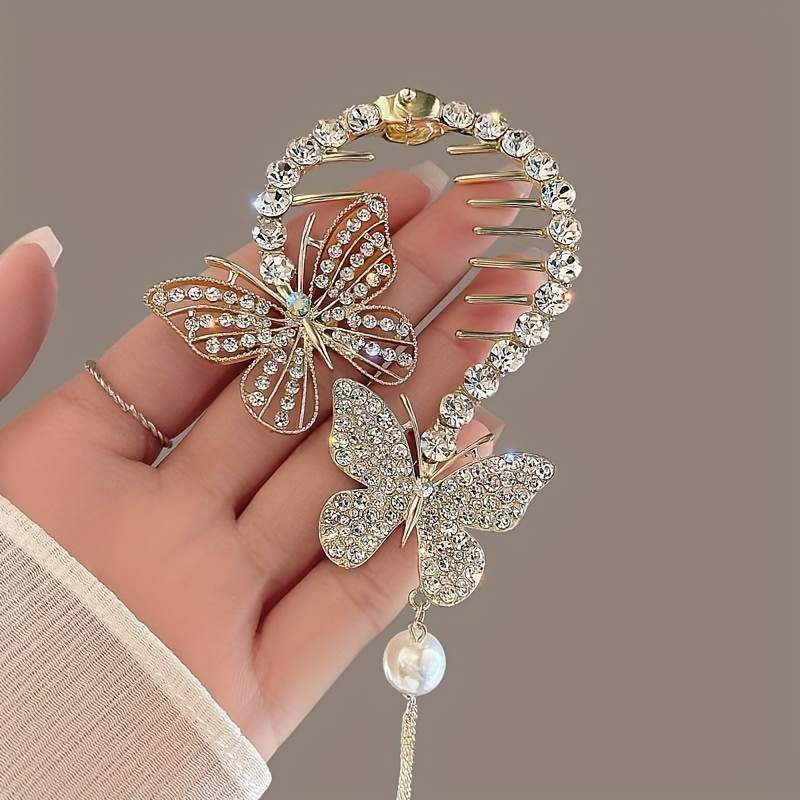 

1pc Elegant Bohemian Style Butterfly Hair Clip With Tassel, Imitation Crystal Luxury Hair Accessory For Updo And Ponytail