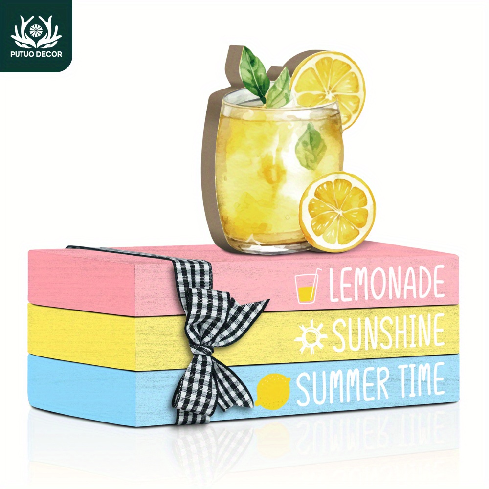 

Summer Vibes 4-piece Wooden Tiered Tray Set - Lemonade & Sunshine Theme, Faux Stacked Books For Home, Farmhouse, Beach House Decor - Perfect For Cafes, Coffee Shops, Yogurt & Fruit Stores