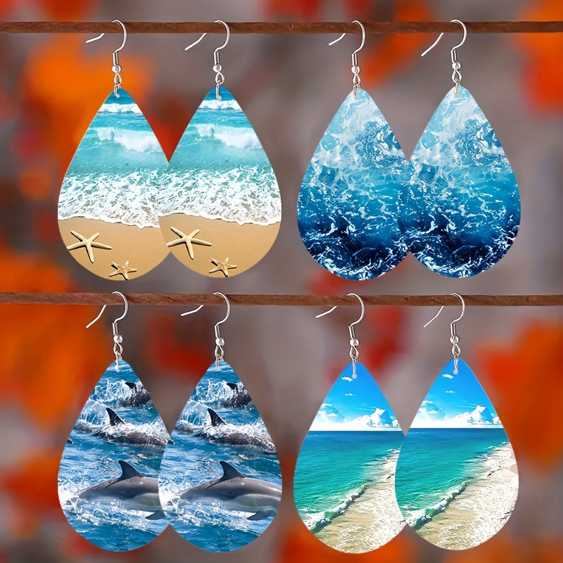 

4pairs Ocean Beach Dolphin Teardrop Earrings Wooden Dangle Pendant For Vacation Jewelry Girls And Women Gift