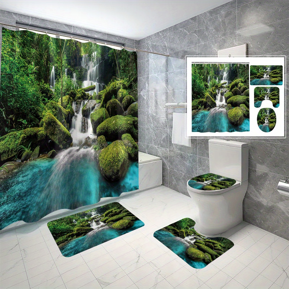 

Water-resistant 4pcs Forest Waterfall Shower Curtain Set With 12 Hooks, 3d Knit Polyester, Machine Washable, All-season Decor, Includes Bath Mat, Toilet Cover, U-shaped Rug, No Drill Installation