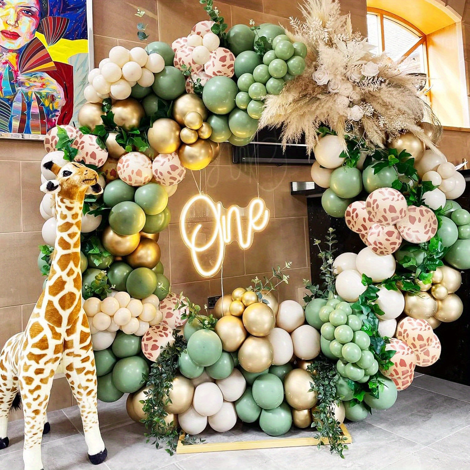 

108-piece Emulsion Balloon Set, Jungle Safari Garland Kit With Giraffe Print, Gold, Green & White Balloons, For Boho, Wild Birthday, Wedding, Baby Shower & Baptism Decorations (14+ Age Group)