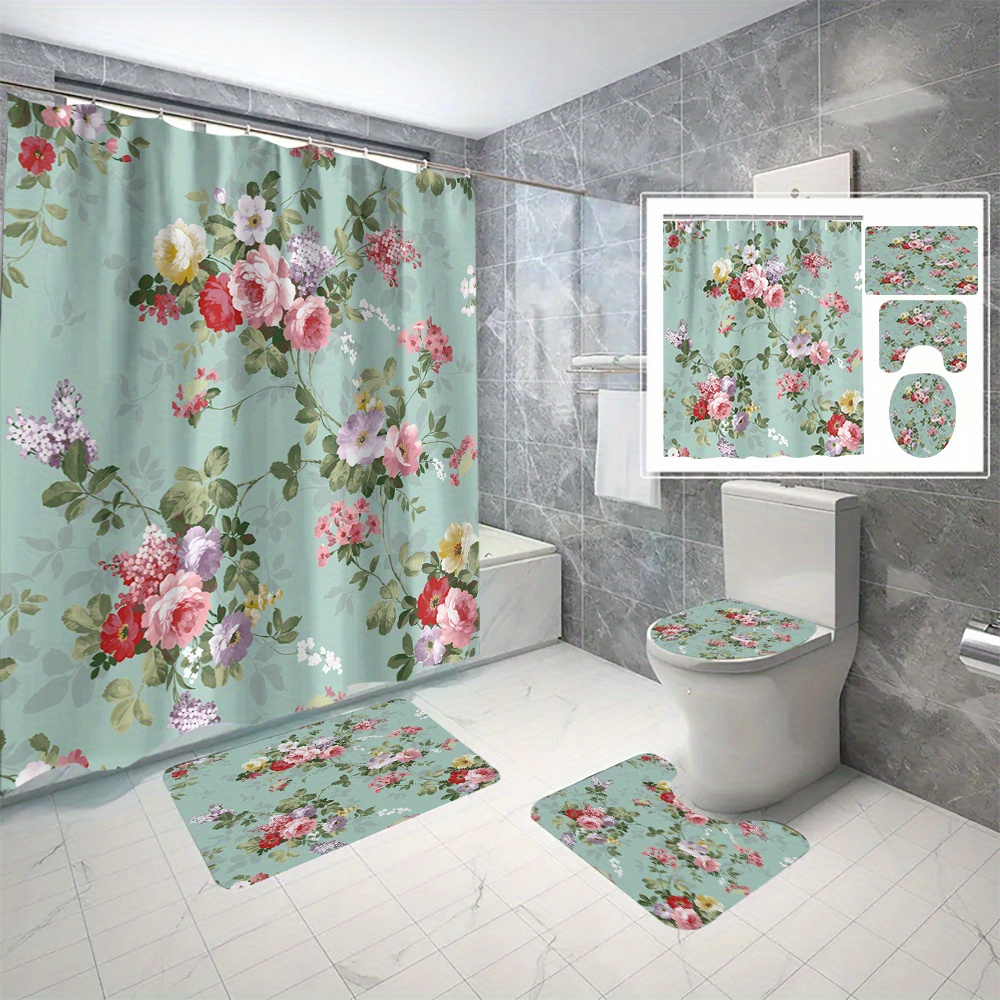 

4pcs Floral 3d Print Shower Curtain Set - Waterproof, Includes Hooks & Non-slip Bath Mat - All