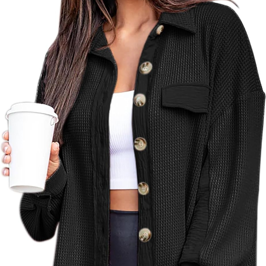 

Women's Casual Waffle Knit Cardigan With Oversized Buttons, Cozy Long-sleeve Outerwear Top, Fashion Top