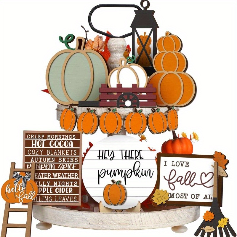 

Hello Fall" Autumn Decor Set - Farmhouse Style Wooden Signs With Maple, Pumpkin & Gnomes For Tiered Trays And Tabletops - Perfect For Thanksgiving & Fall Festivals