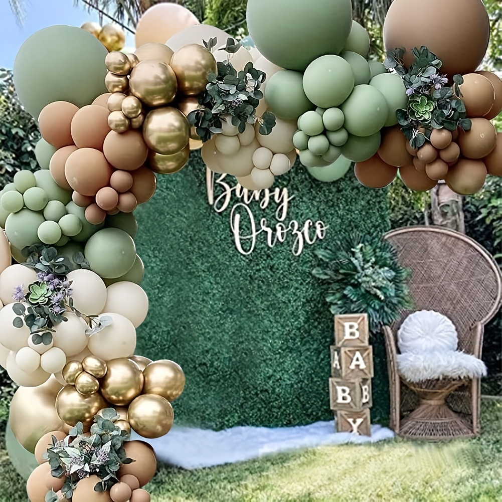 

102-piece Sage Green Balloon Wreath Arch Kit - Ideal For Baby Showers, Birthdays & Jungle Safari Themes - Features Latex Balloons In Sage, Brown, Beige & Metallic Tones