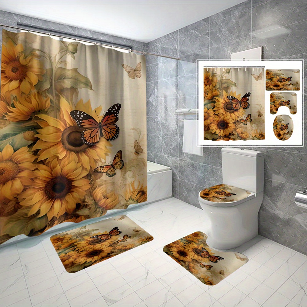 

4-piece Sunflower 3d Print Shower Curtain Set - Waterproof & Mold-resistant, Includes Hooks, Machine Washable, Perfect For All Seasons