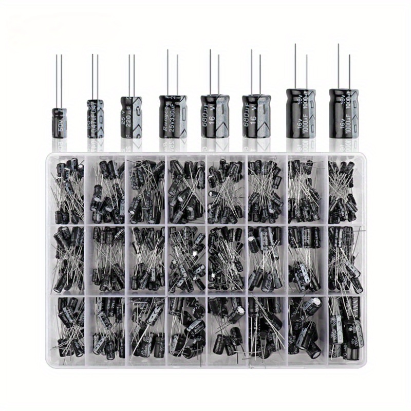 

500pcs Kit - 24 (0.1uf-1000uf), 10v-50v, Metal Plastic Storage Box