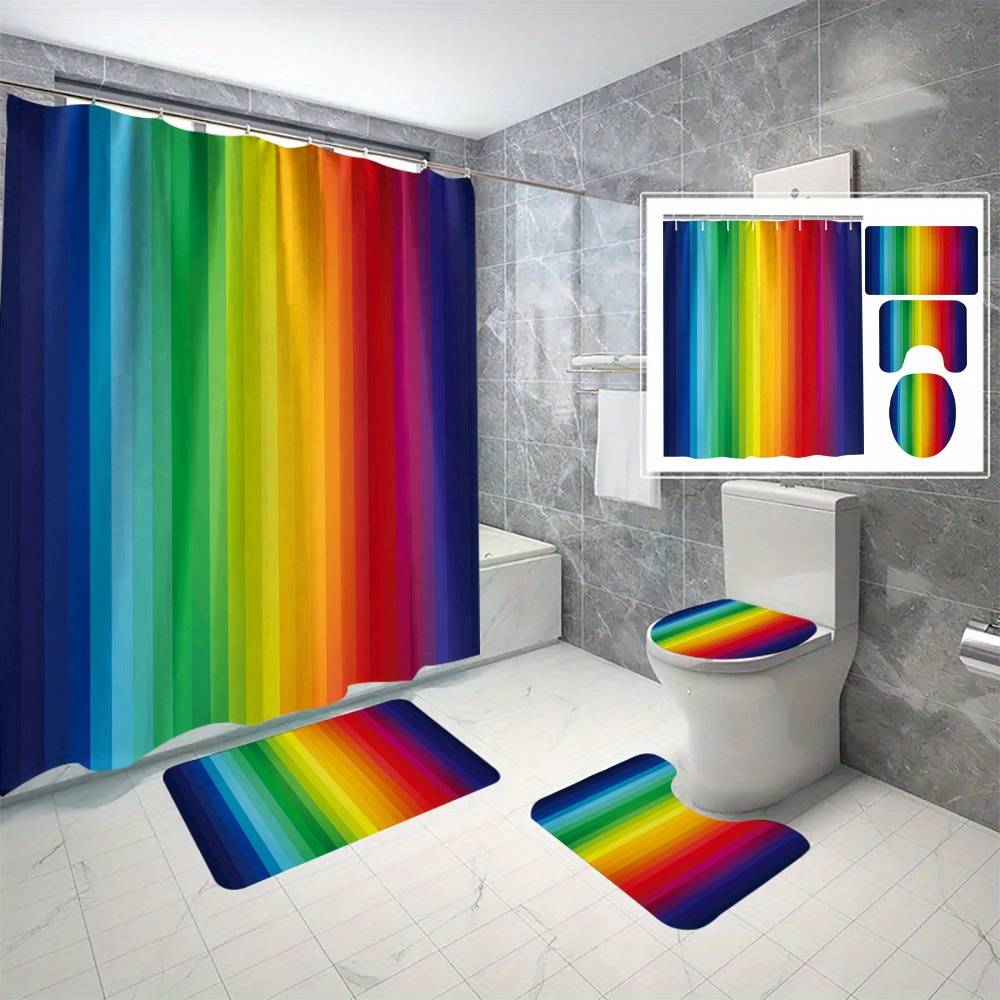 

4pcs Rainbow Stripe 3d Digital Print Shower Curtain Set, Water-resistant Polyester Knit Bathroom Decor With Hooks, Fashion Theme Non-piercing, Machine Washable All-season Bath Accessory Set