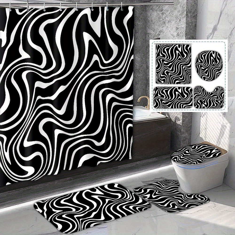 

1/4pcs Pattern Bathroom Set, Polyester Waterproof Shower Curtain, 71x71 Inch With 12 Hooks, Non-slip Bath Mat, U-shaped Contour Rug, Toilet Lid Cover, Modern Bath Decor Accessories