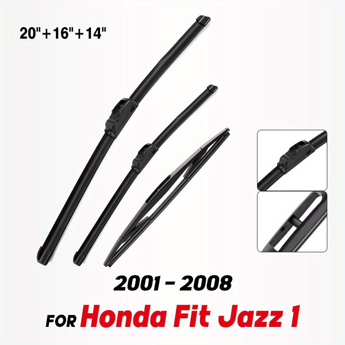 TEMU For Fit Jazz 1 2001-2008 Front And Rear Wiper Blade Set - 20"+16"+14" Windshield Wipers