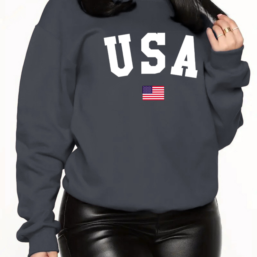 

Usa Flag Print Casual Pullover Tops, Round Neck Long Sleeves Sports Sweatshirt, Fall & Winter Women's Activewear For Independence Day