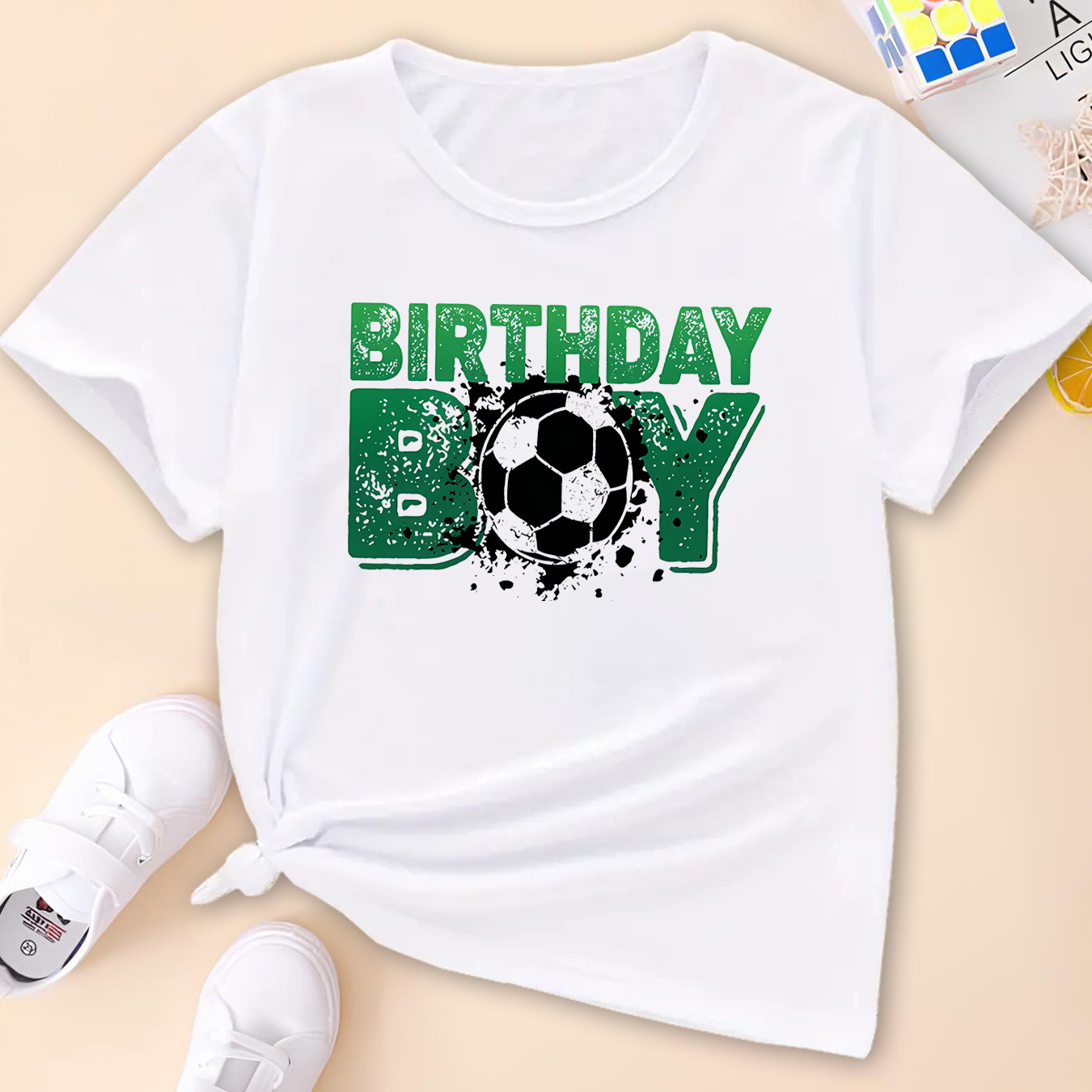 

Casual Trendy Boys' Summer Top - Birthday Boy & Soccer Print Short Sleeve Crew Neck T-shirt - Elastic Breathable tee Birthday Gift