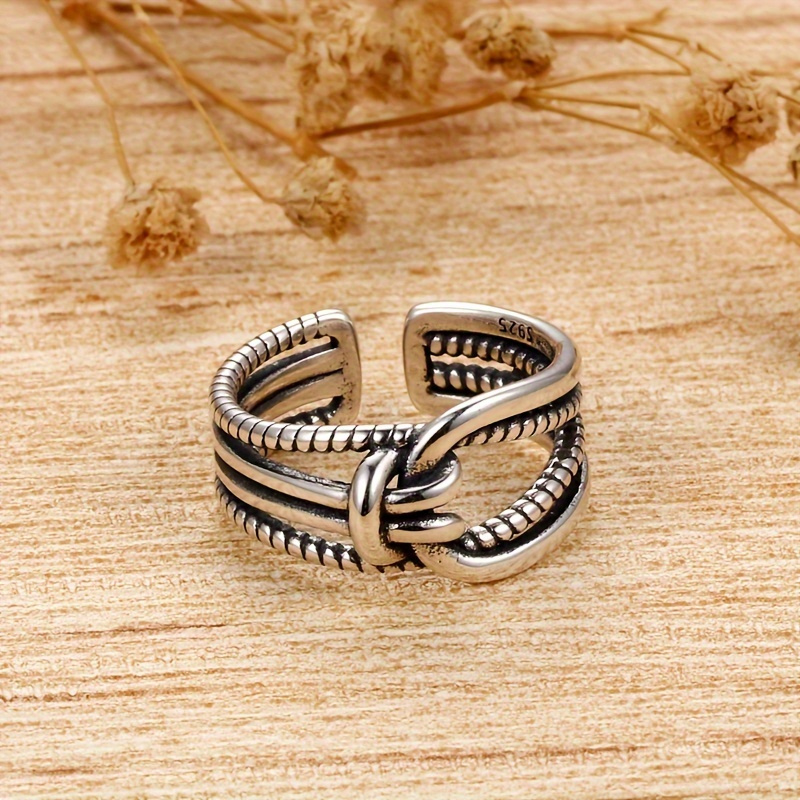 

925 Sterling Silver Plated Cuff Ring Vintage Knot Design Ring For Men And Women Match With Daily Wear Party Wear Adjustable Ring, Delivered In A Gift Box