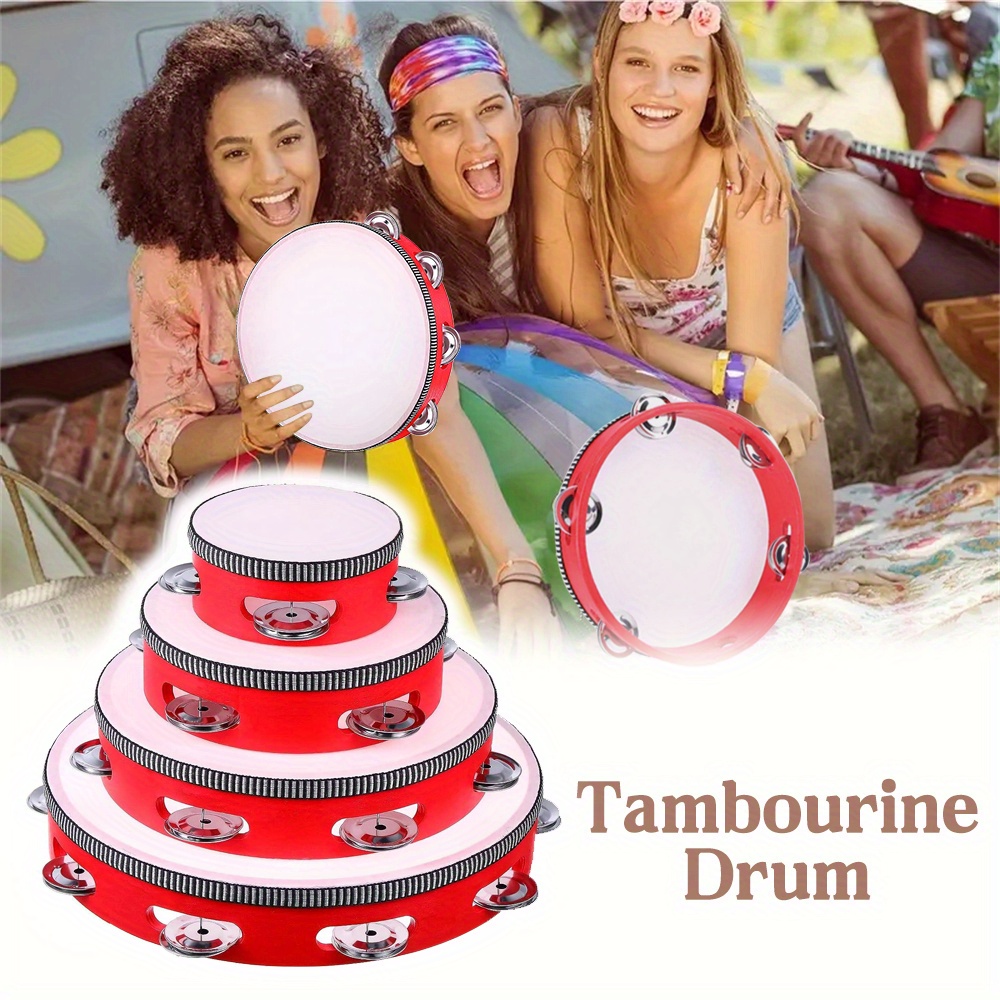 

Orff Percussion Tambourine Set: 4/6/8/10 Inch Children's Wooden Hand Drums With Single Row Metal Jingles - Red Edges - Musical Education Rhythm Instruments For Church, Gatherings, And Ktv
