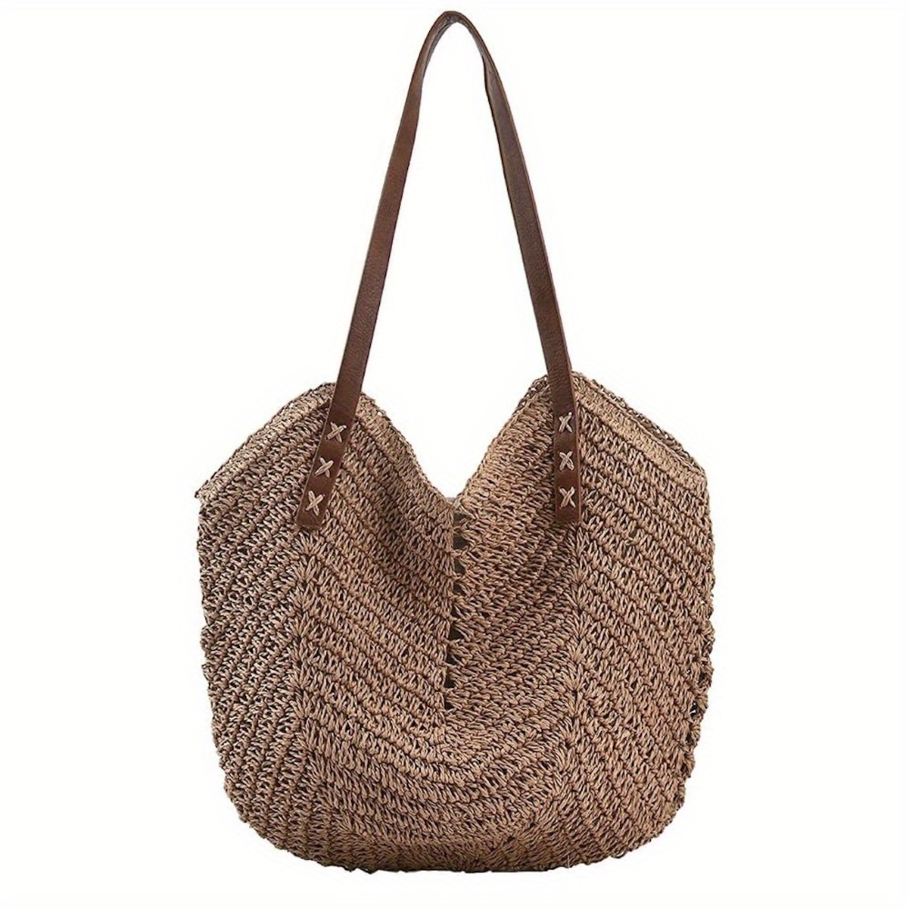 

1pc Woven Straw Shoulder Bag, Summer Beach Tote, Soft Crochet Fabric Bag, Casual Vacation Accessory