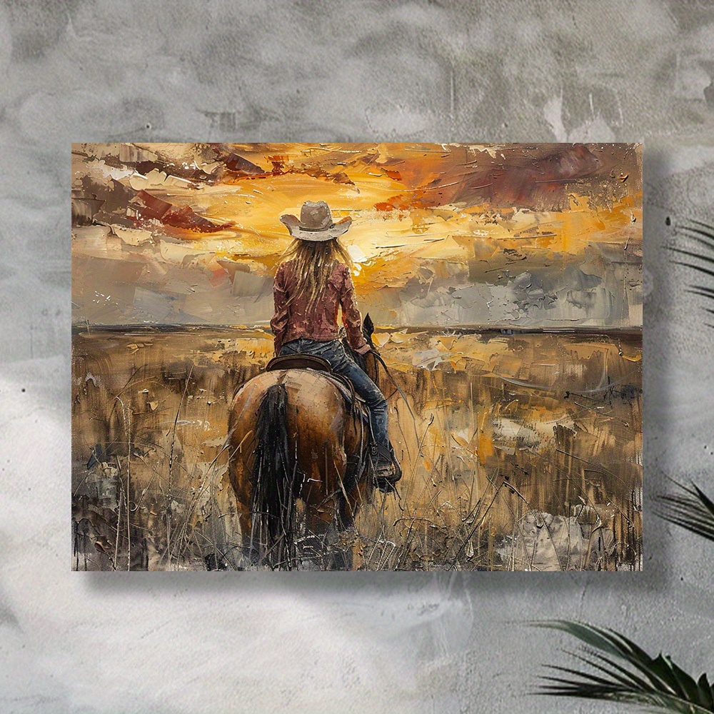 

Western Cowgirl On Horseback Canvas Art Print, Oil Painting Style Wall Decor For Living Room, Bedroom, Rustic Country Landscape, Unframed Craft Supplies 12x16 Inch