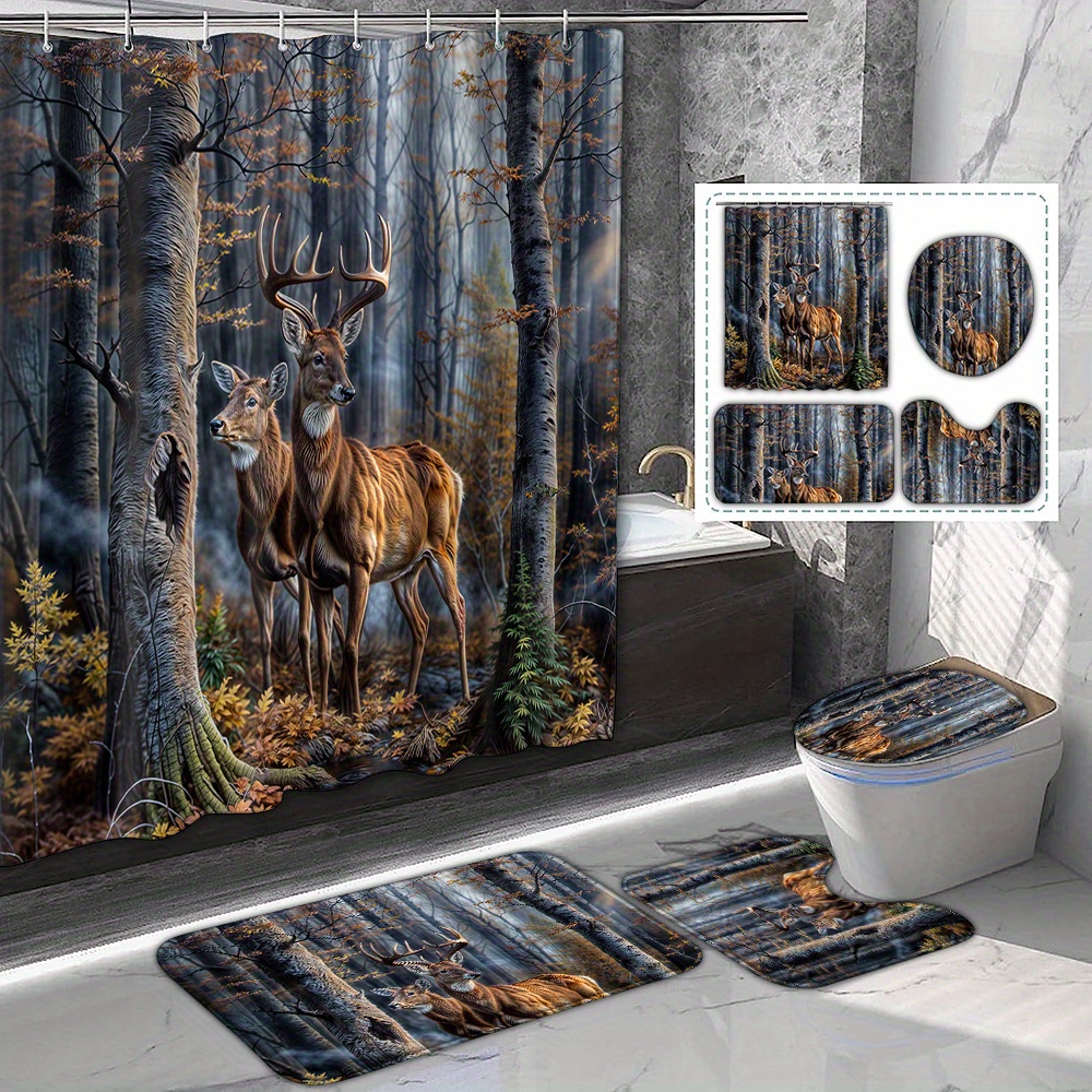 

1/4pcs Mist Elk Pattern Shower Curtain, Polyester Waterproof Curtain With 12 Hooks, Pattern Printed Bathroom Decoration, Bathroom Rug, U-shaped Pad, Toilet Seat Cover Pad, Bathroom Accessories