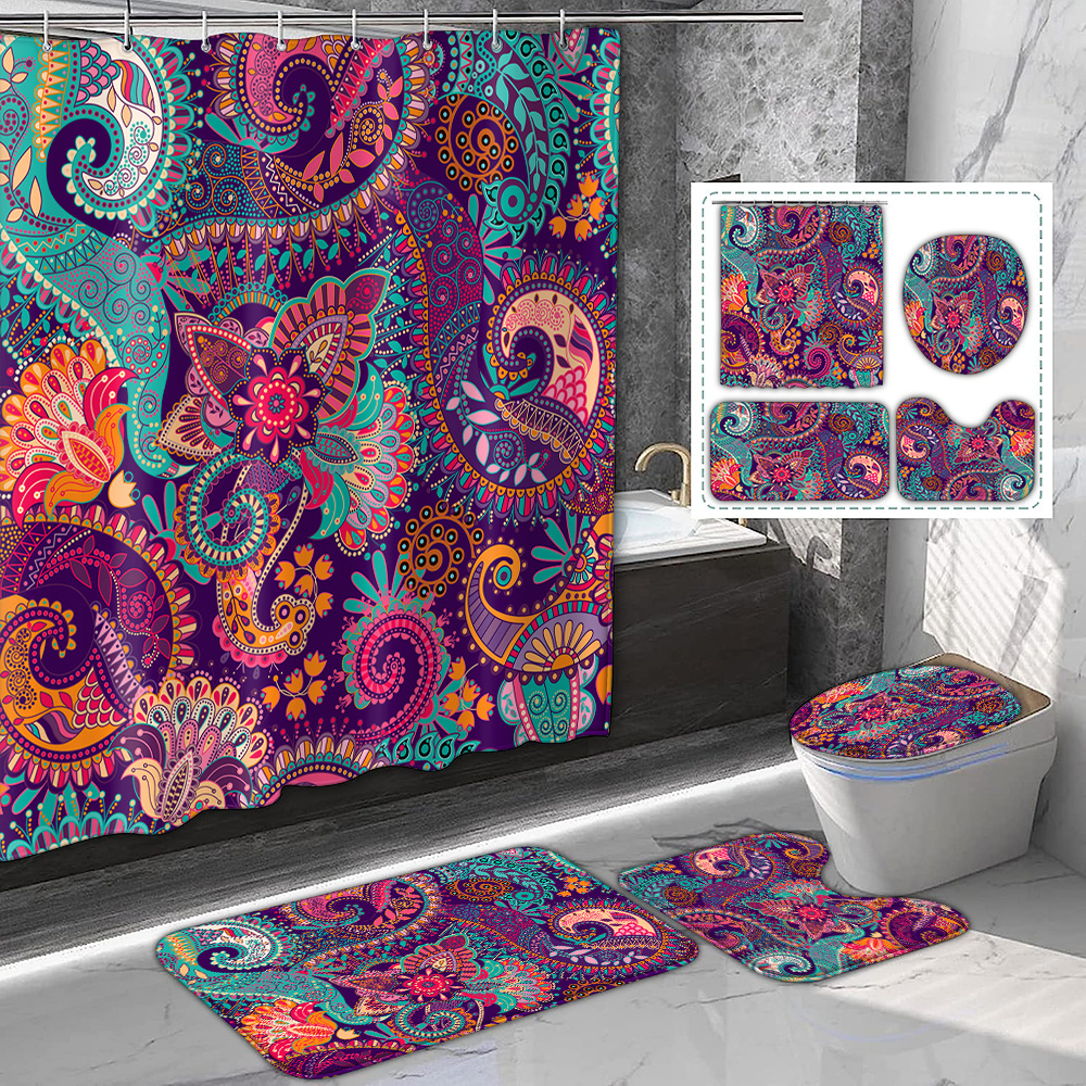 

Patterned Bath Set: Includes 1/4 Pcs Printed Shower Curtain 12 , Bath Mat, U-shaped Bath Rug, , And Lid - For A And Bathroom Decor