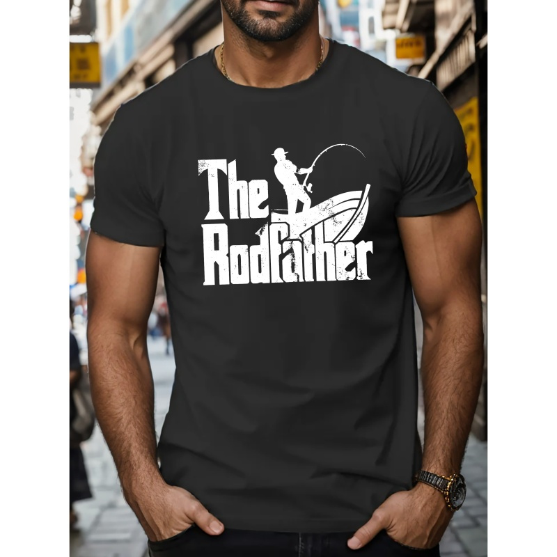 

The Rod Father Creative Fishing Father Logo Design, Men's Crew Neck Short Sleeve T-shirt, Casual Comfy Lightweight Top For Daily And Outdoor Wear