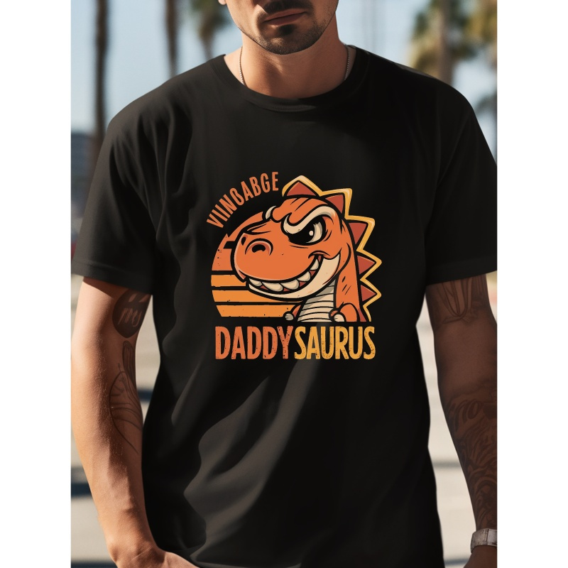 

Dinosaur Daddy Saurus Print Simple Slim Fit Short Sleeved 100% Cotton T-shirt, Men's Round Neck Short Sleeved T-shirt, Casual Comfortable Lightweight Top