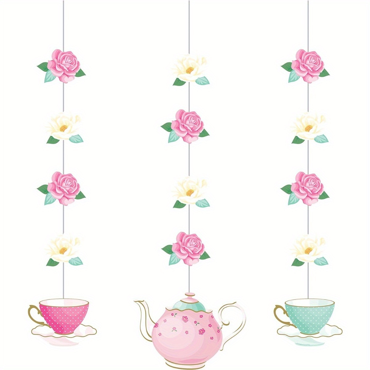 

3pcs Hanging Decorations - Floral Teapot And Teacup Paper Garlands, No Feathers, Battery-free Party Decor