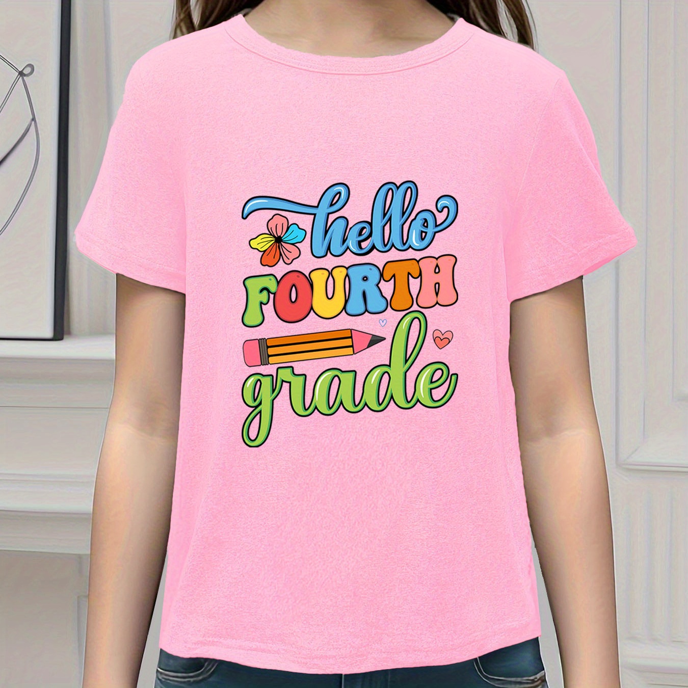 

Girls Summer Casual Fashion Cartoon Pencil Flower & Hello Fourth Grade Printed T-shirt Top, Short Sleeves, Round Neck, Comfort Fit - Youthful Style