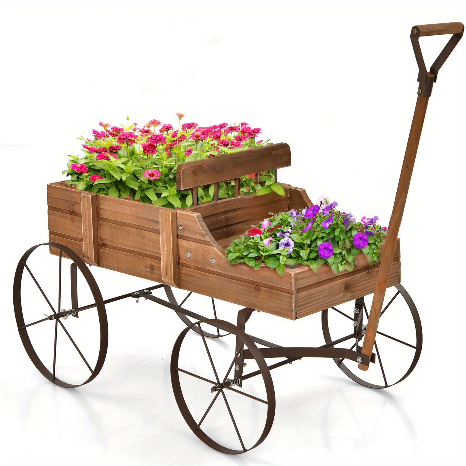 

Wooden Garden Flower Planter Wagon Plant Bed W/ Wheel Garden Yard Brown