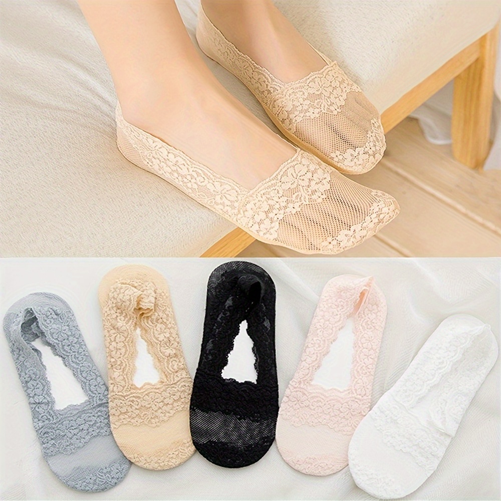 

5 Pairs Solid No Show Socks, Assorted Color Invisible Floral Lace Low Cut Ankle Socks, Women's Stockings & Hosiery