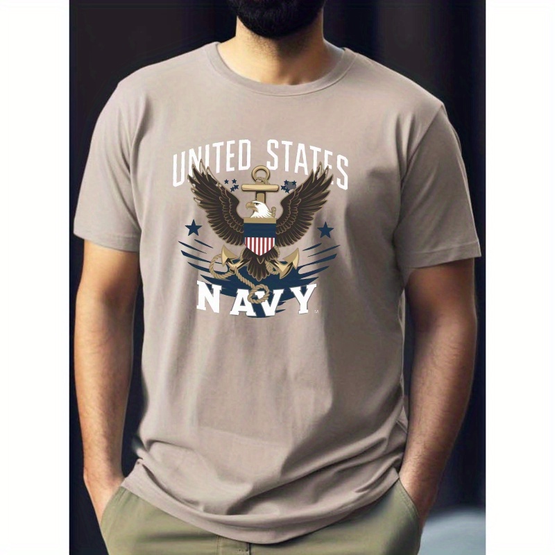 

United States Navy Print, Men's Round Crew Neck Short Sleeve Tee, Casual T-shirtcasual Comfy Lightweight Top For Summer