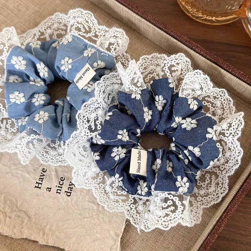 

Elegant Floral Embroidered Denim And Lace Hair Scrunchie - Jersey Material, , Lace And , Hair Tie Accessory For Girls And Women, 14+ Age Group, Single Piece