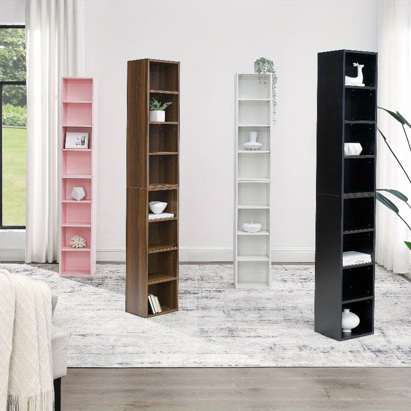 

8-tier Media , Cd Dvd Slim Storage Cabinet With Adjustable Shelves, Tall Narrow Bookcase Display Bookshelf For Home Office, Multi-functional Double-decker Bookcase-white, Black, Pink,