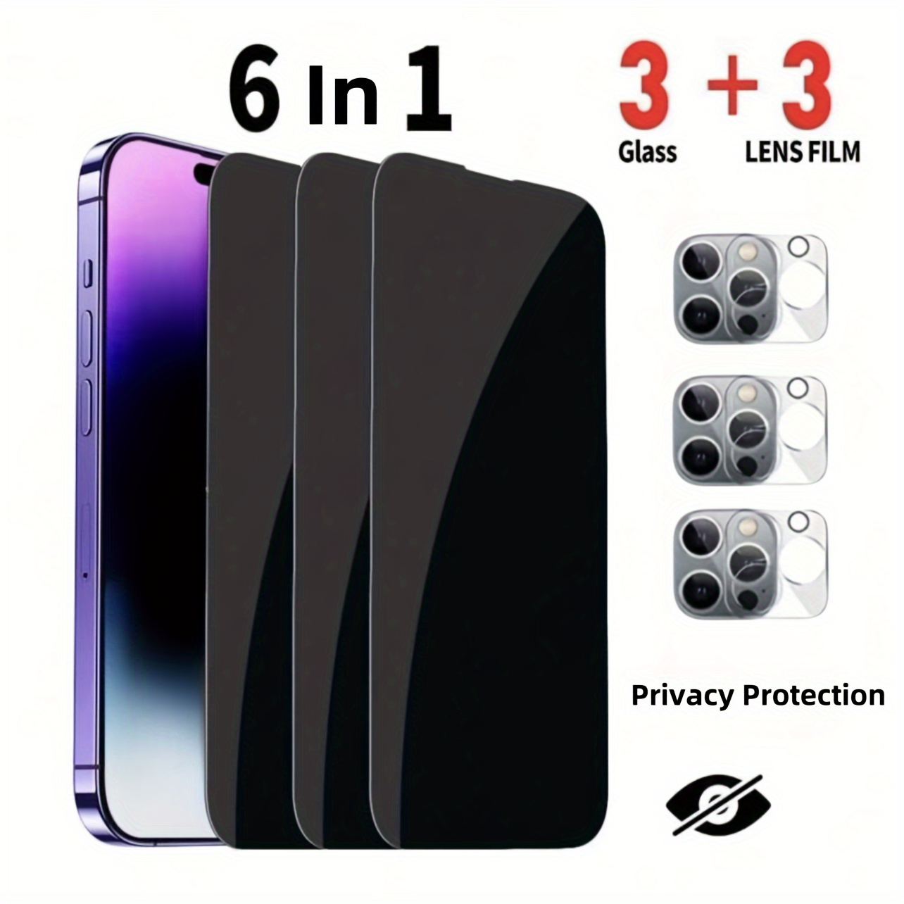 

3+3 Pack Privacy Protection Tempered Glass Screen Protector For Iphone Free Camera Lens Film Anti-explosion Anti-scratch High Definition