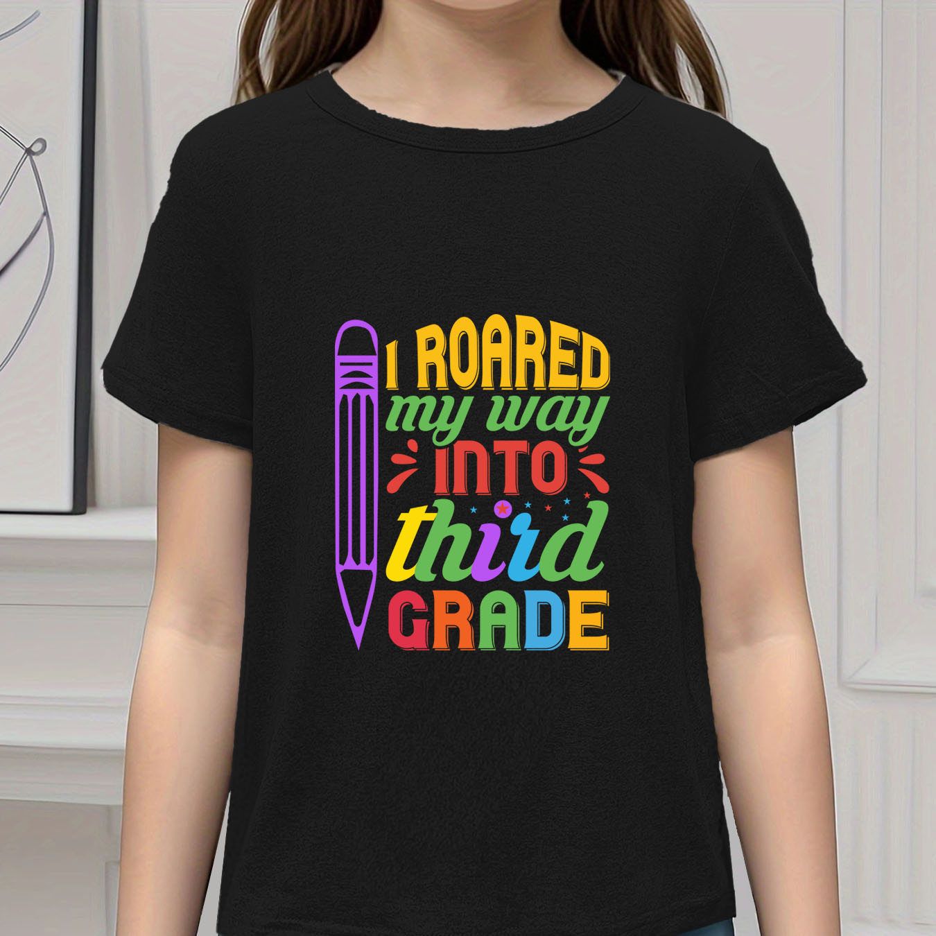 

Girls' Summer Fashion Casual Cartoon Pencil & I Roared My Way Into Third Grade Letter Printed T-shirt Top, Breathable, Versatile For Daily Wear, Available In Various Sizes