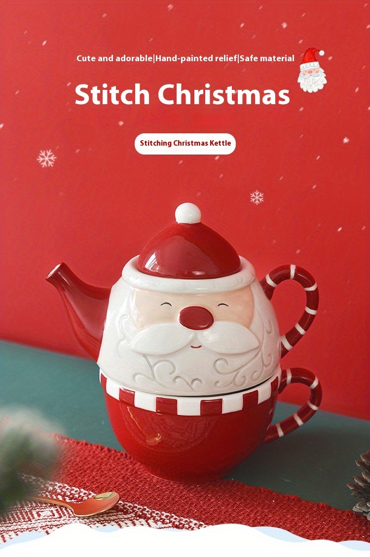 Nordic Santa Claus Creative Teapot Coffee Cup Set, Ceramic Water Kettle Flower Tea Set, Nesting Teapot and Single Cup, Halloween gift, Christmas gift