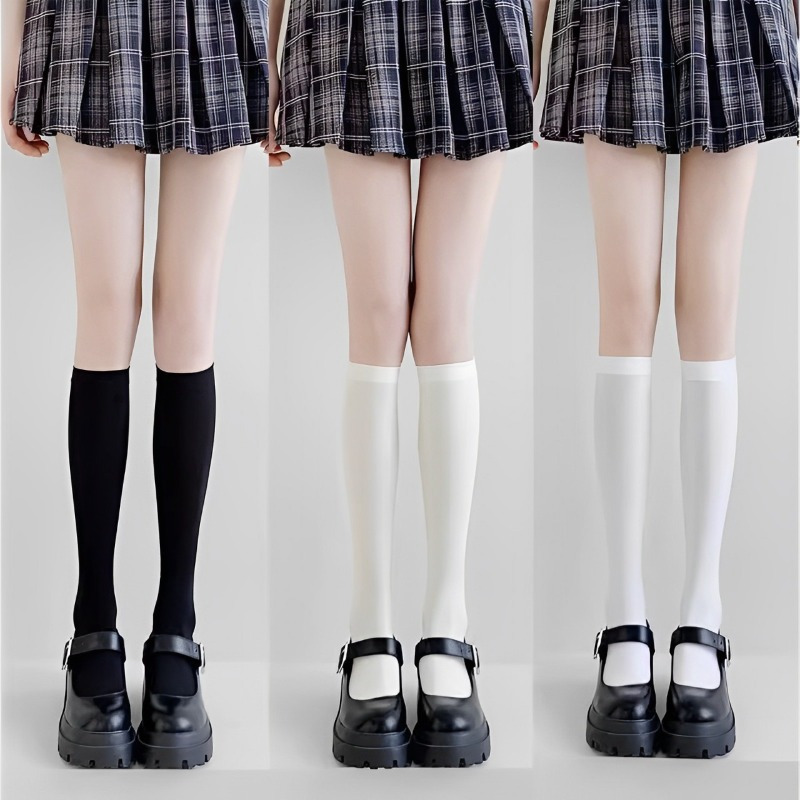 

3 Pairs College Style Solid Knee High Socks, Women's All-match Slimming Comfort Calf Socks