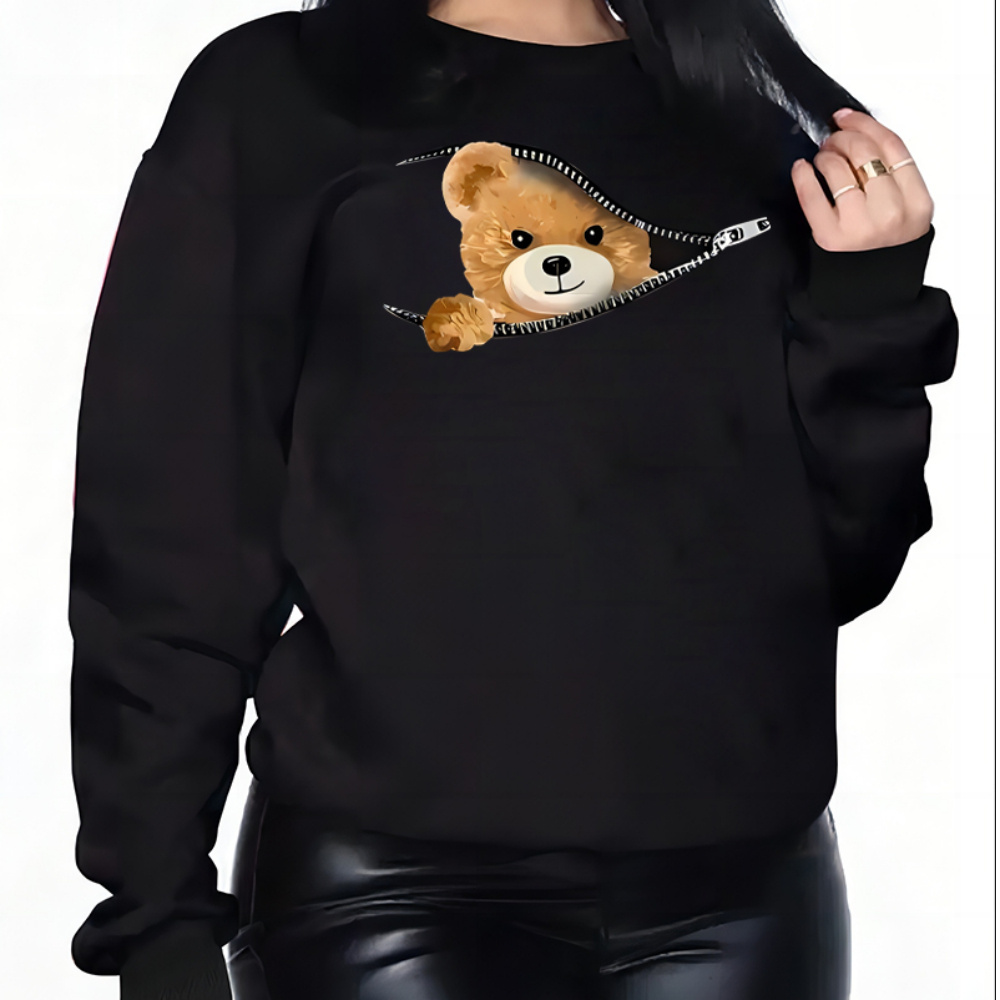 

Bear Print Casual Pullover Tops, Round Neck Long Sleeves Sports Sweatshirt, Fall & Winter Women's Activewear
