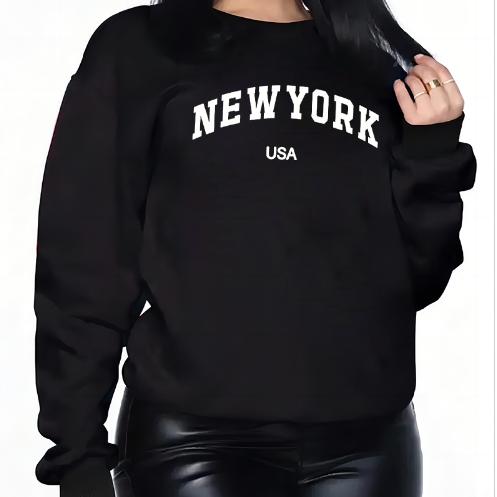 

New York Print Casual Pullover Tops, Round Neck Long Sleeves Sports Sweatshirt, Fall & Winter Women's Activewear