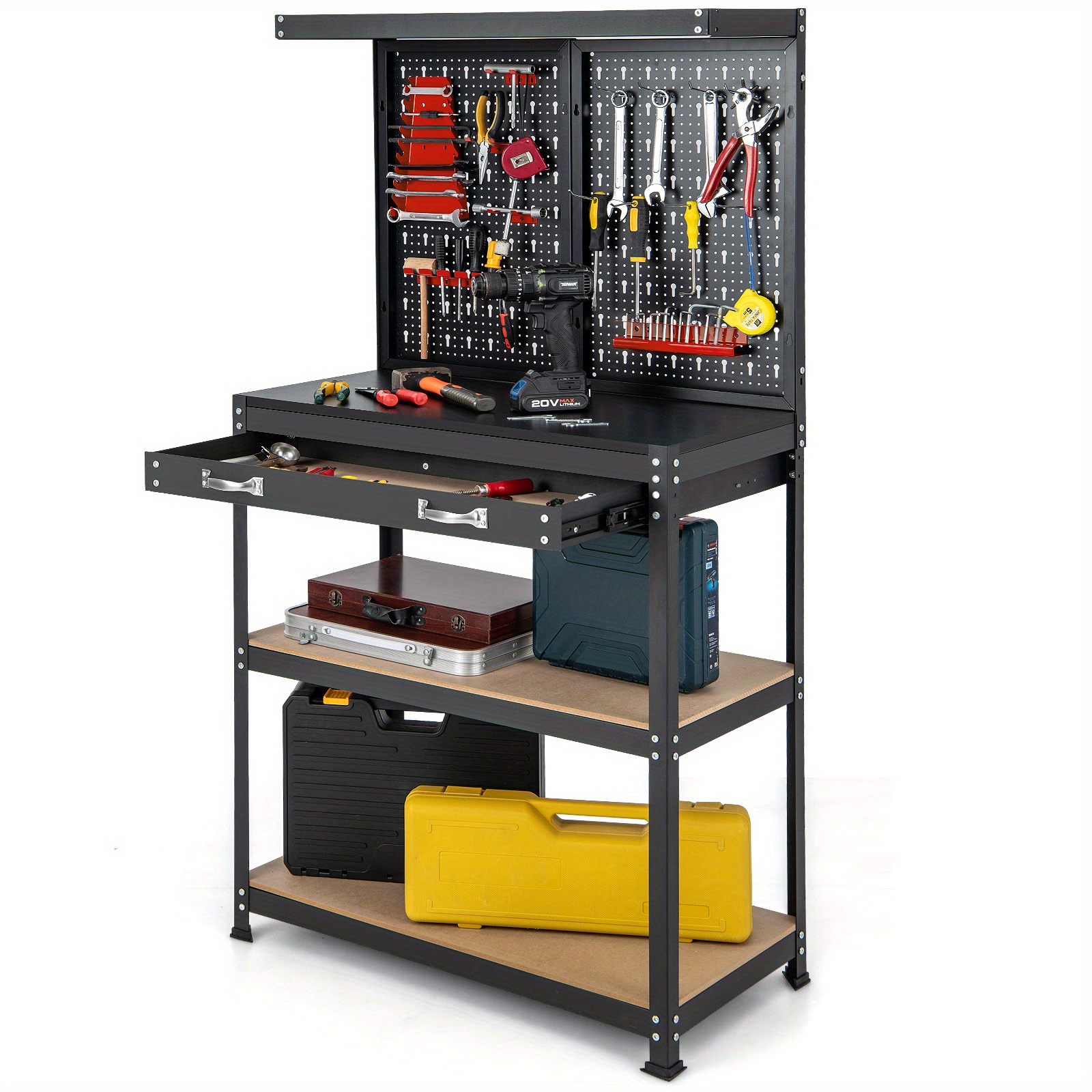 

Heavy-duty Black Workbench With 2 Shelves, Pegboard, And - Multi-use Metal And Mdf Organizer Table For Tools And Equipment, Construction With Non-slip Foot Pads