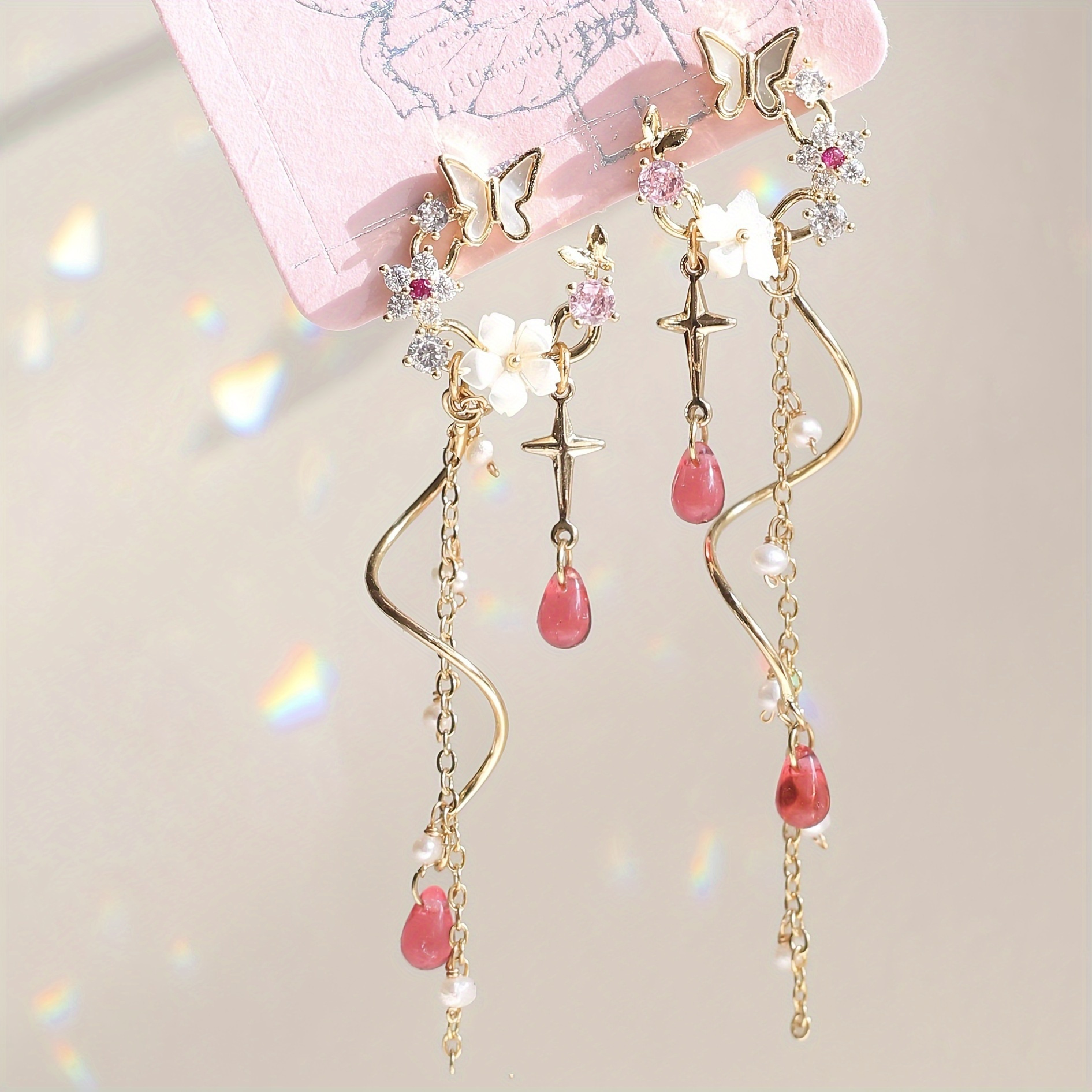 TEMU 2pcs/Paire Style Fleur Papillon Chaîne Pompon Boucles d'Oreilles Bijoux Ornements de Fête